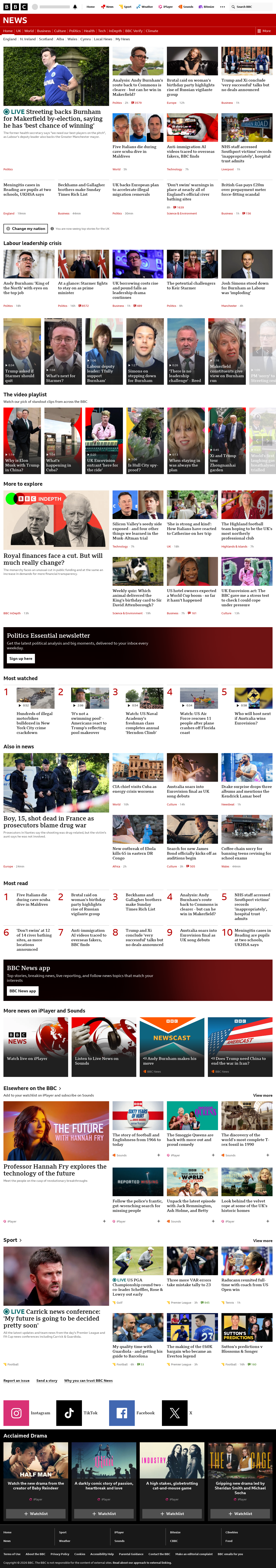 BBC News snapshot from Friday, 15 May 2026 at 13:00