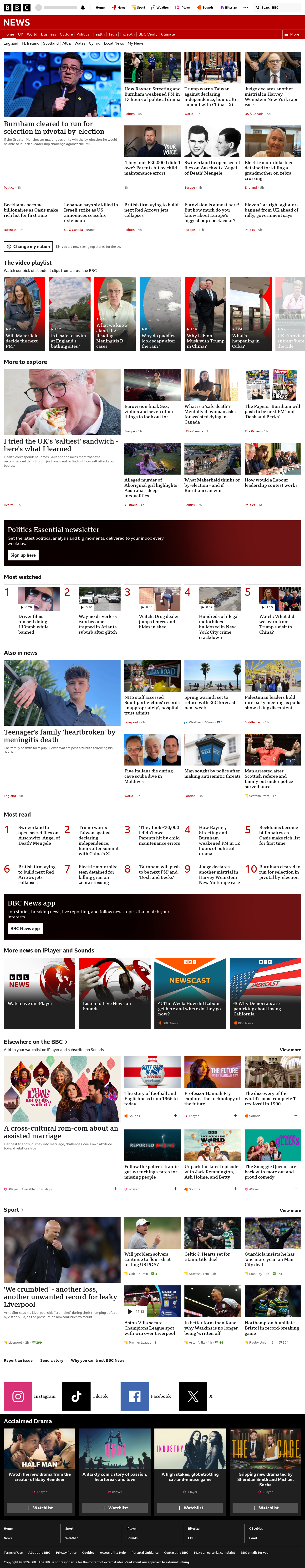 BBC News snapshot from Saturday, 16 May 2026 at 01:00