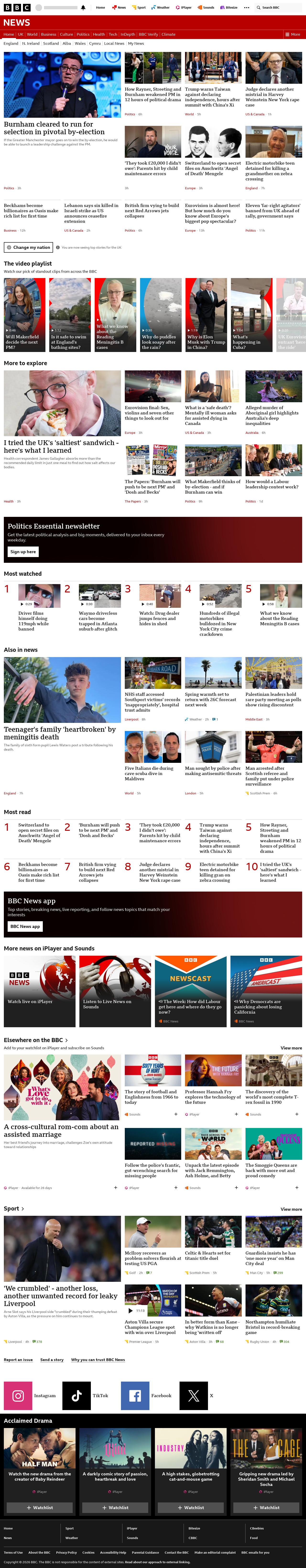 BBC News snapshot from Saturday, 16 May 2026 at 03:00