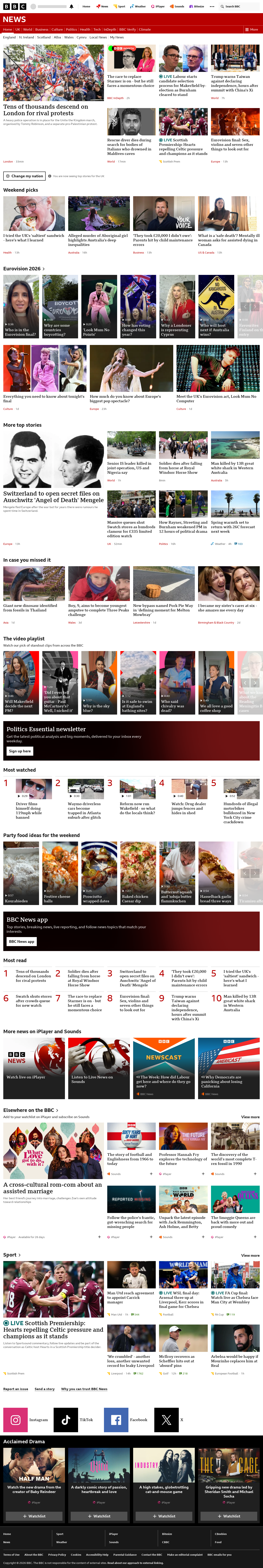 BBC News snapshot from Saturday, 16 May 2026 at 13:00