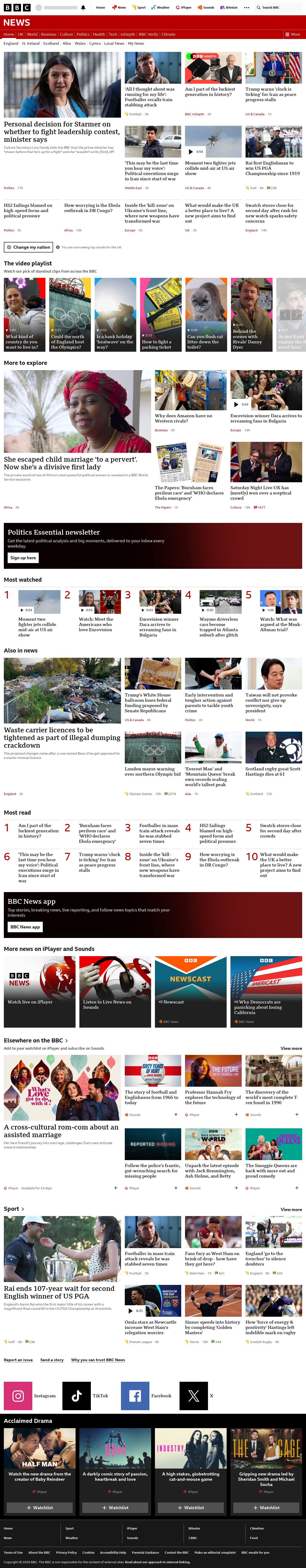 BBC News snapshot from Monday, 18 May 2026 at 05:00
