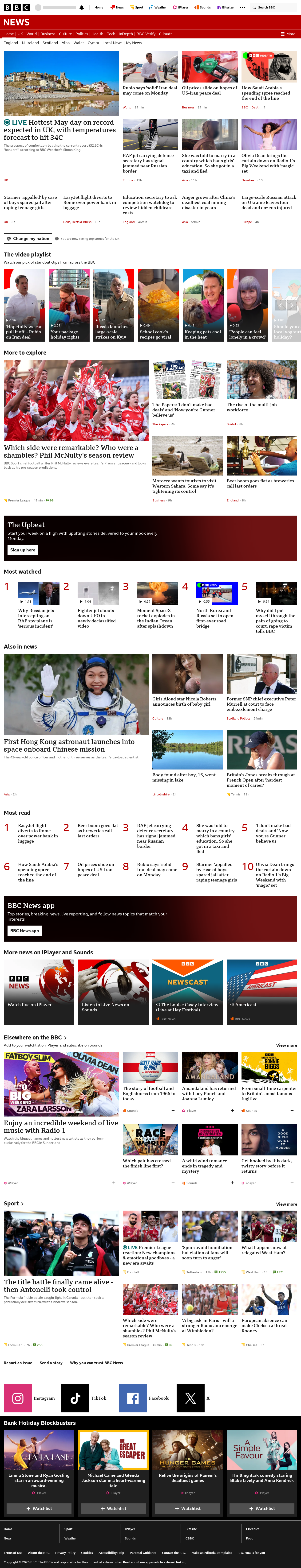 BBC News snapshot from Monday, 25 May 2026 at 09:00