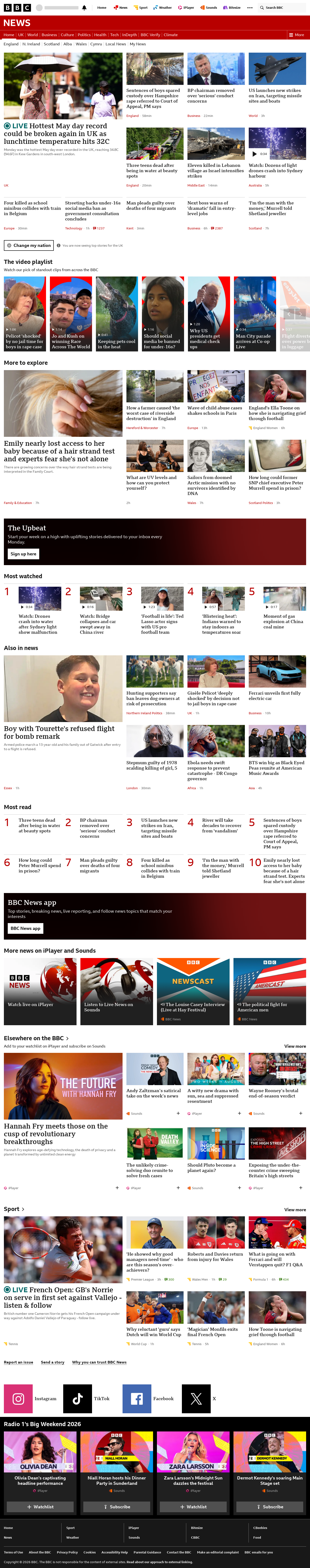BBC News snapshot from Tuesday, 26 May 2026 at 13:00