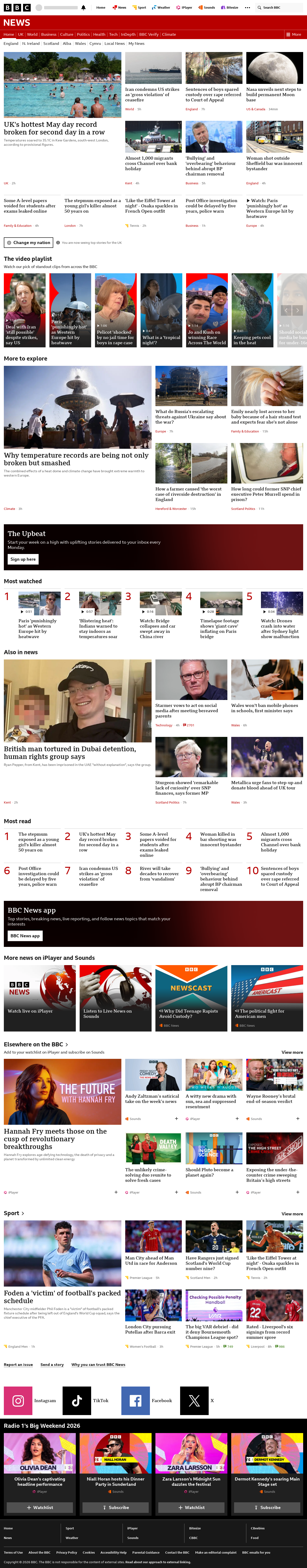 BBC News snapshot from Tuesday, 26 May 2026 at 21:00
