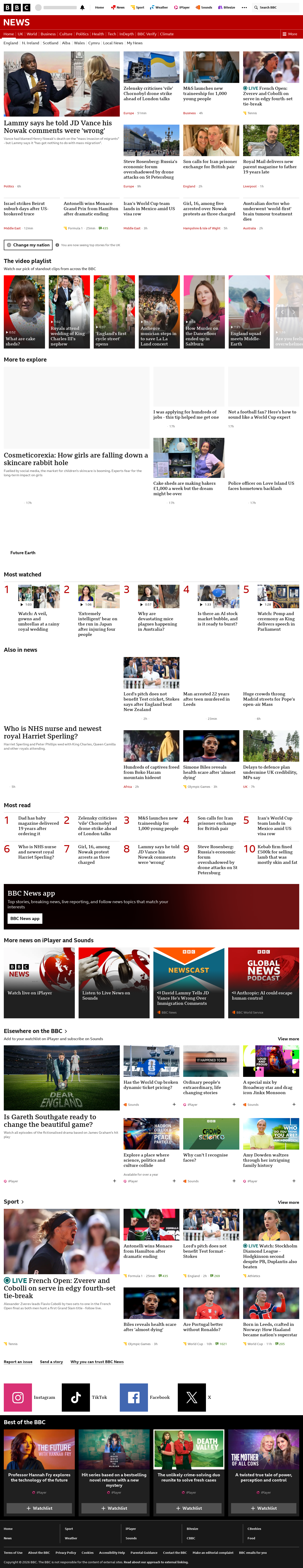 BBC News snapshot from Sunday, 7 June 2026 at 18:00
