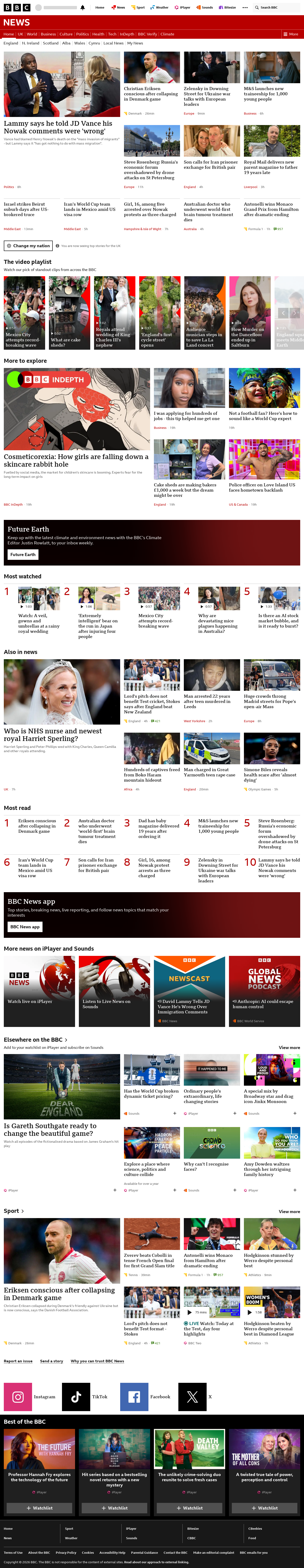 BBC News snapshot from Sunday, 7 June 2026 at 20:00