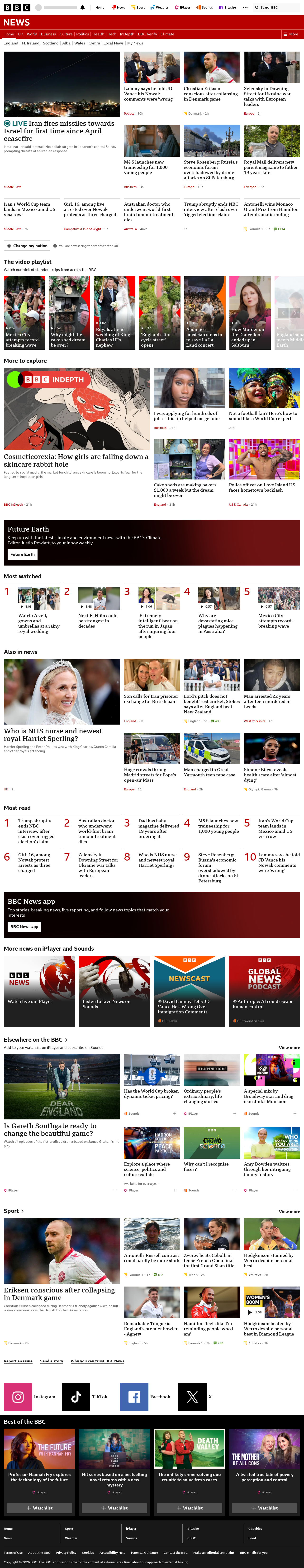 BBC News snapshot from Sunday, 7 June 2026 at 22:00