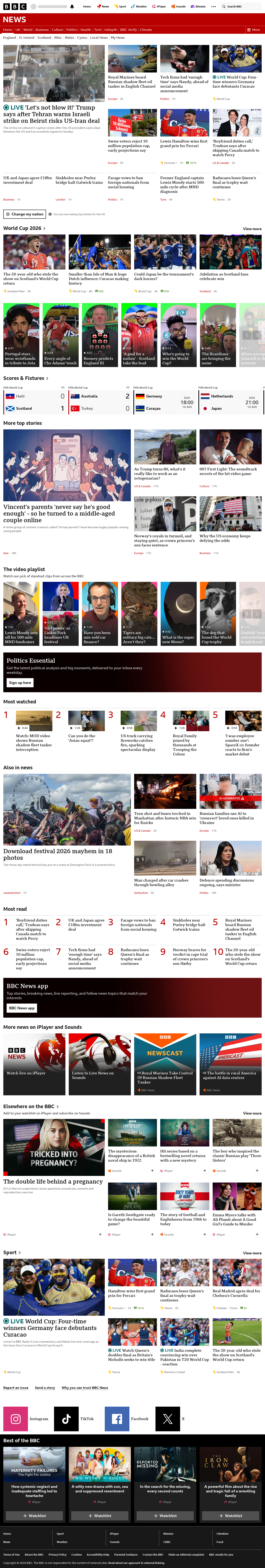 BBC News snapshot from Sunday, 14 June 2026 at 18:00