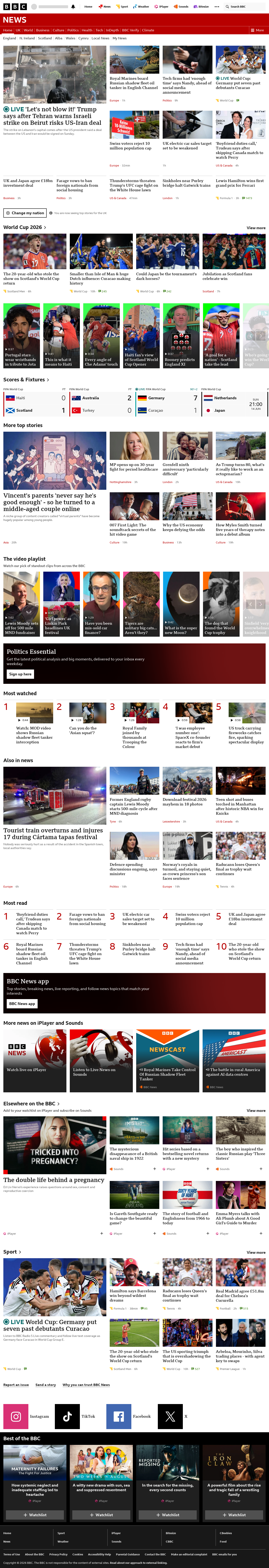 BBC News snapshot from Sunday, 14 June 2026 at 20:00