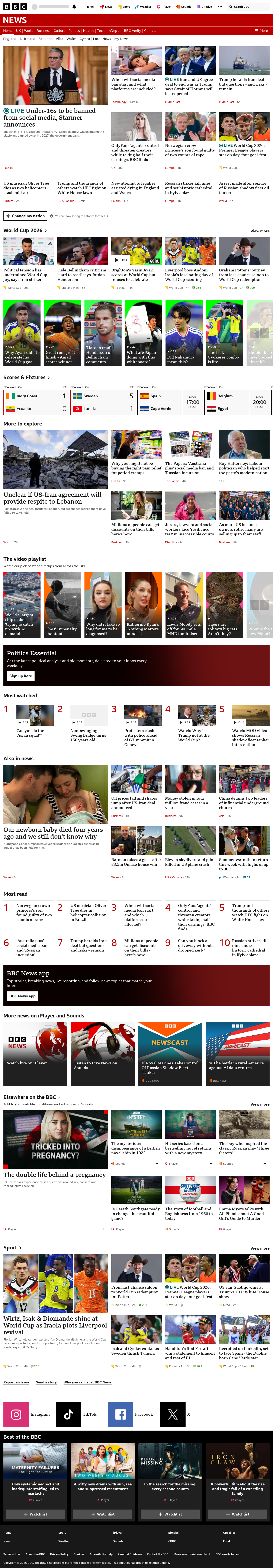 BBC News snapshot from Monday, 15 June 2026 at 10:00