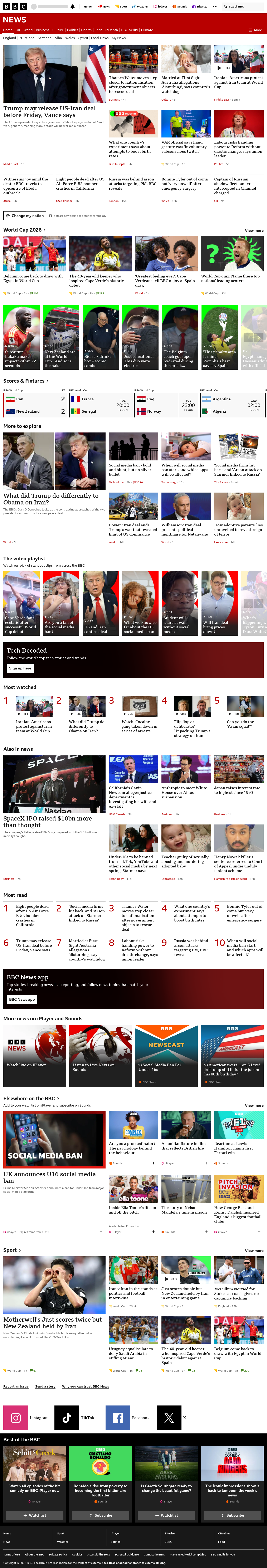 BBC News snapshot from Tuesday, 16 June 2026 at 06:00