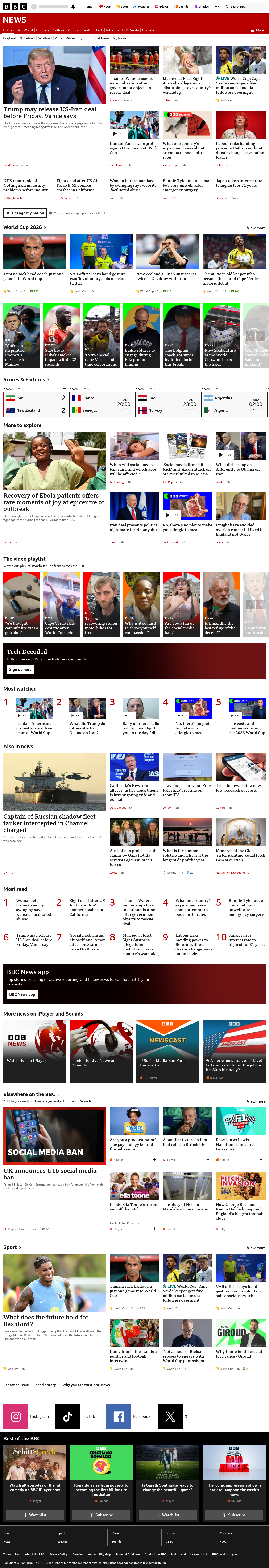 BBC News snapshot from Tuesday, 16 June 2026 at 10:00