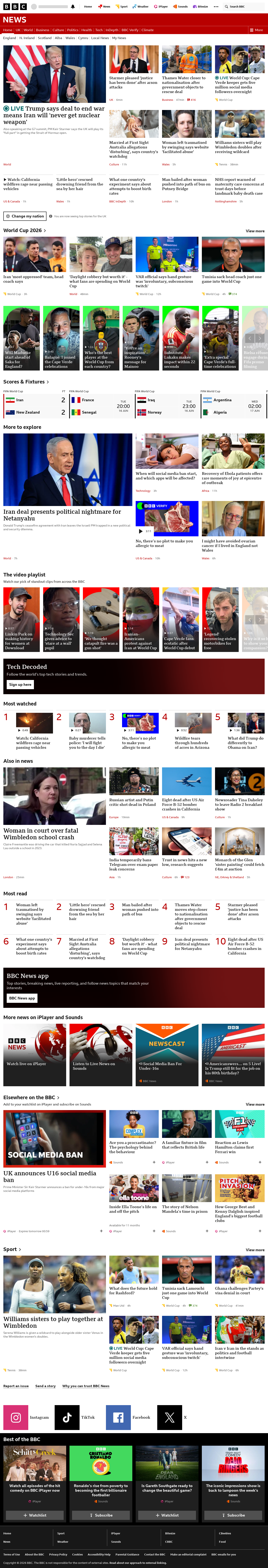 BBC News snapshot from Tuesday, 16 June 2026 at 12:00