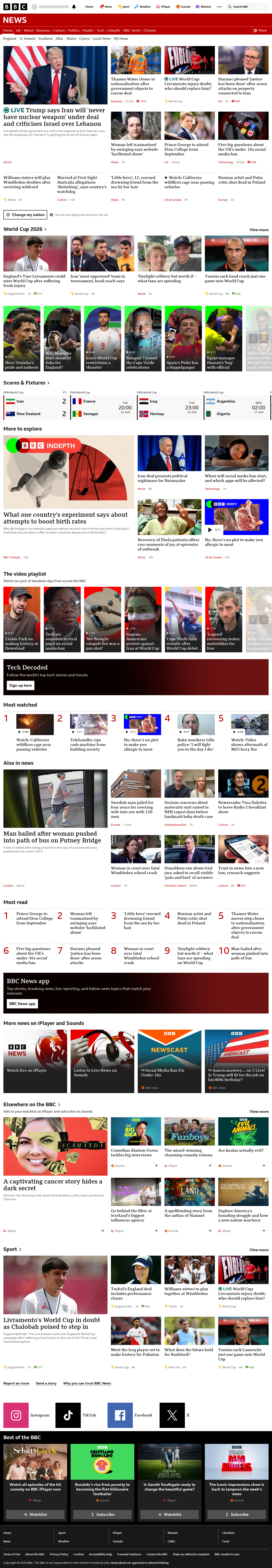 BBC News snapshot from Tuesday, 16 June 2026 at 14:00