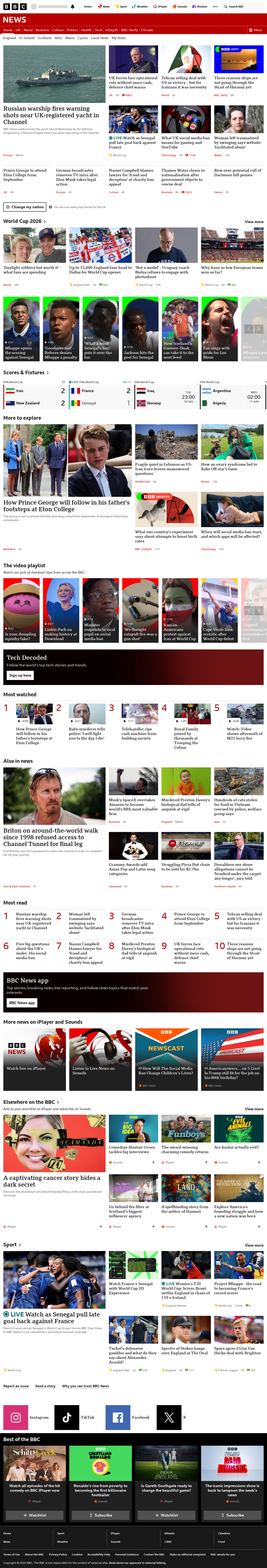 BBC News snapshot from Tuesday, 16 June 2026 at 22:00