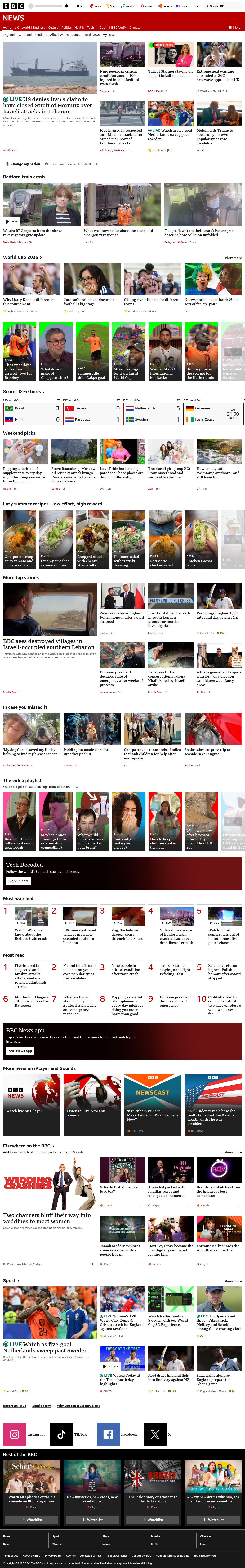 BBC News snapshot from Saturday, 20 June 2026 at 20:00