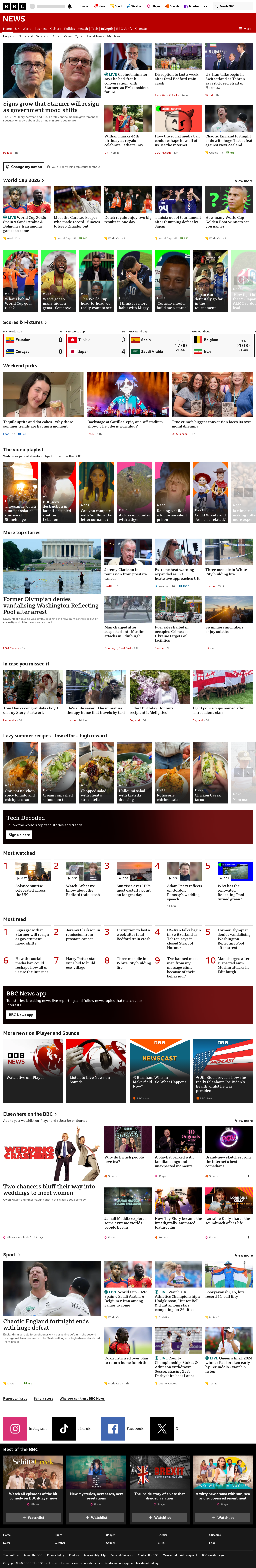 BBC News snapshot from Sunday, 21 June 2026 at 14:00