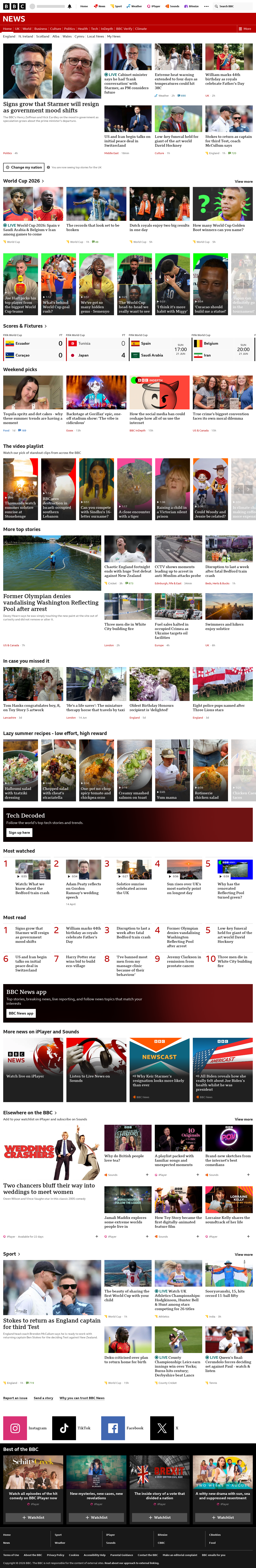BBC News snapshot from Sunday, 21 June 2026 at 16:00