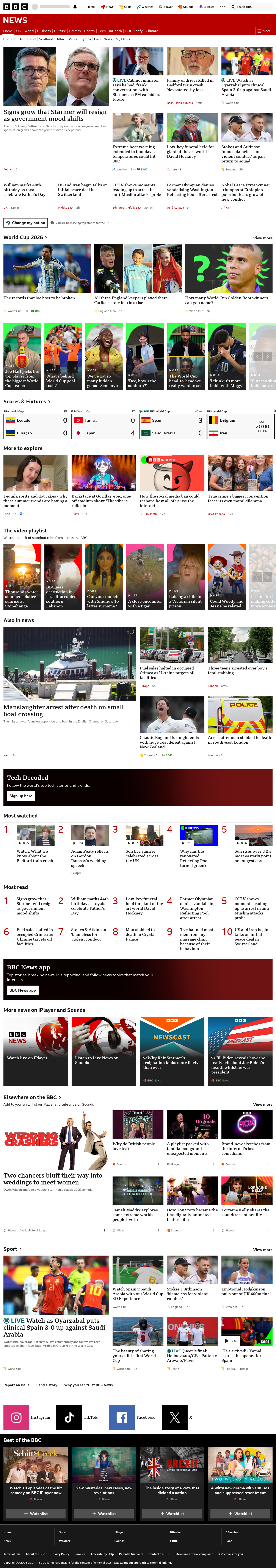 BBC News snapshot from Sunday, 21 June 2026 at 18:00