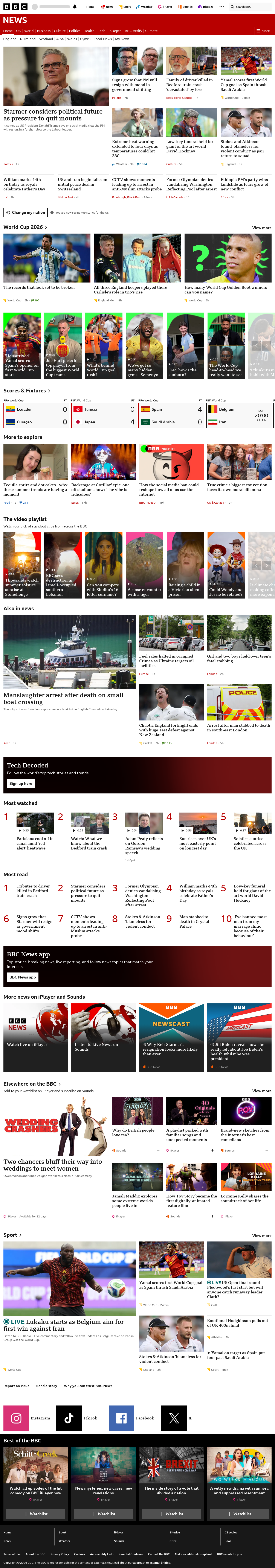 BBC News snapshot from Sunday, 21 June 2026 at 20:00