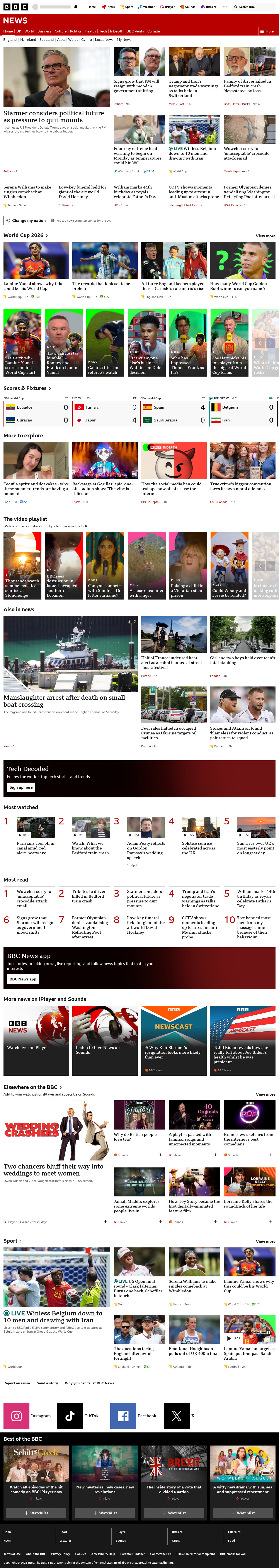 BBC News snapshot from Sunday, 21 June 2026 at 22:00