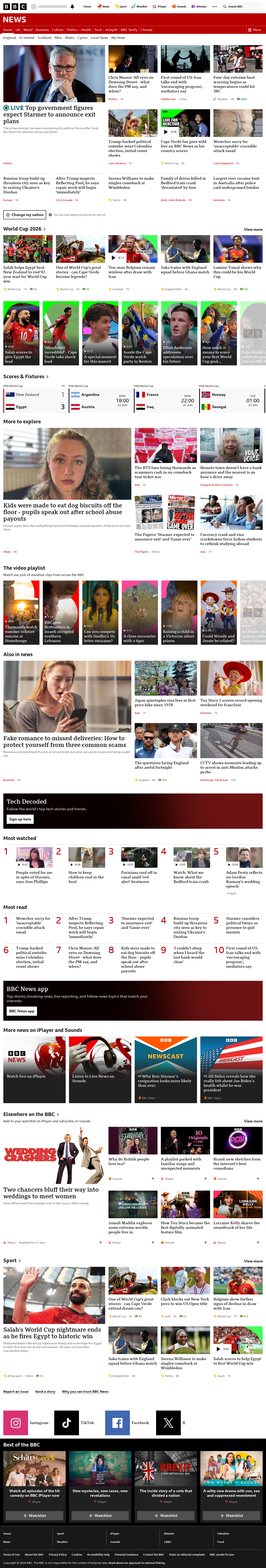 BBC News snapshot from Monday, 22 June 2026 at 06:00