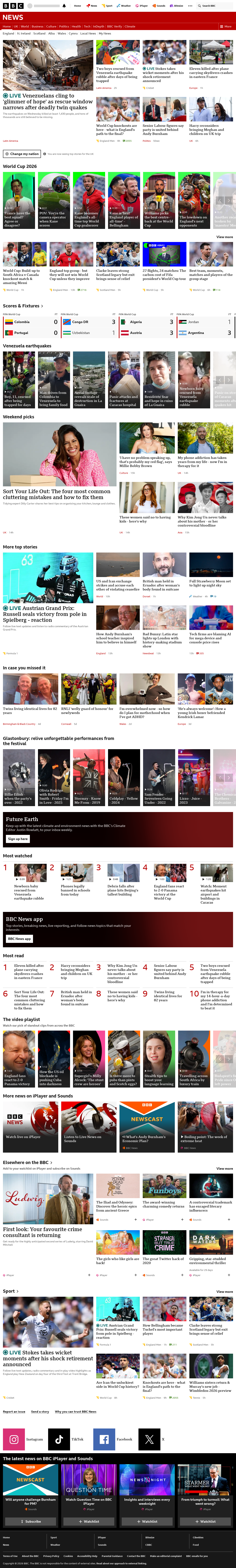 BBC News snapshot from Sunday, 28 June 2026 at 16:00