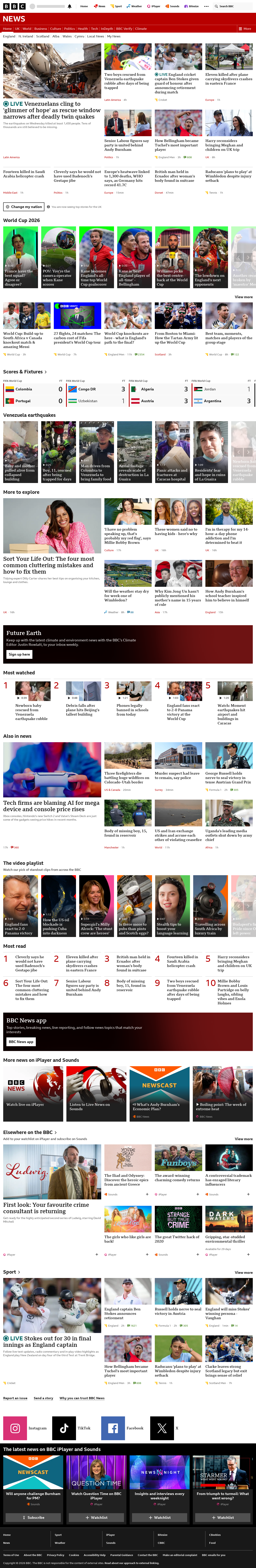 BBC News snapshot from Sunday, 28 June 2026 at 18:00