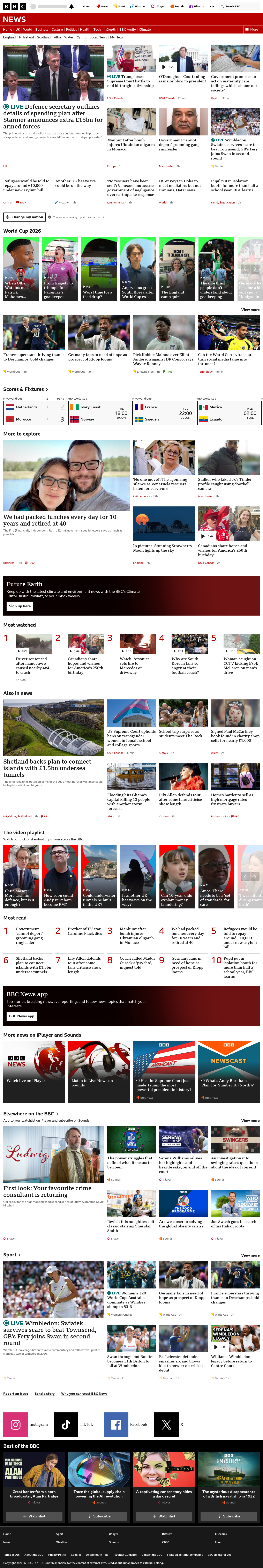 BBC News snapshot from Tuesday, 30 June 2026 at 16:00