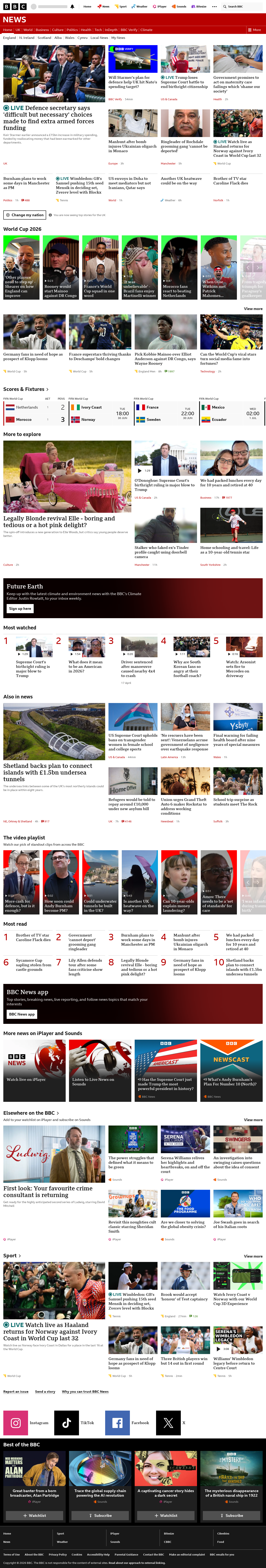 BBC News snapshot from Tuesday, 30 June 2026 at 18:00