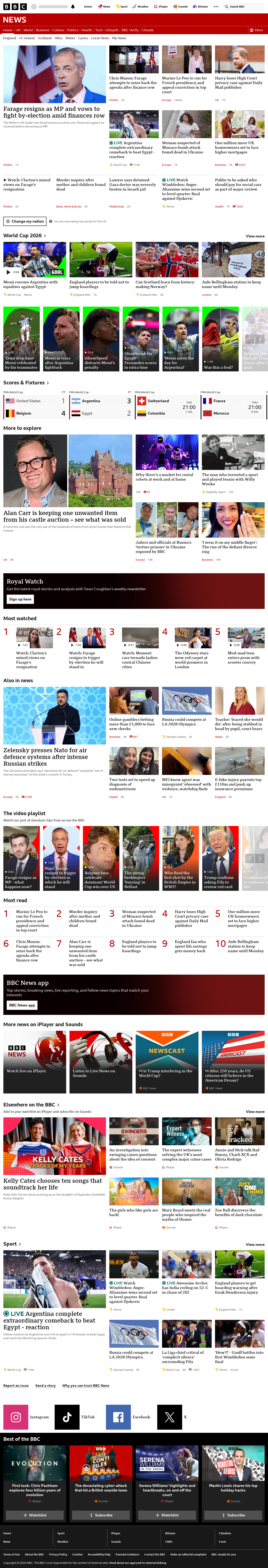 BBC News snapshot from Tuesday, 7 July 2026 at 20:00
