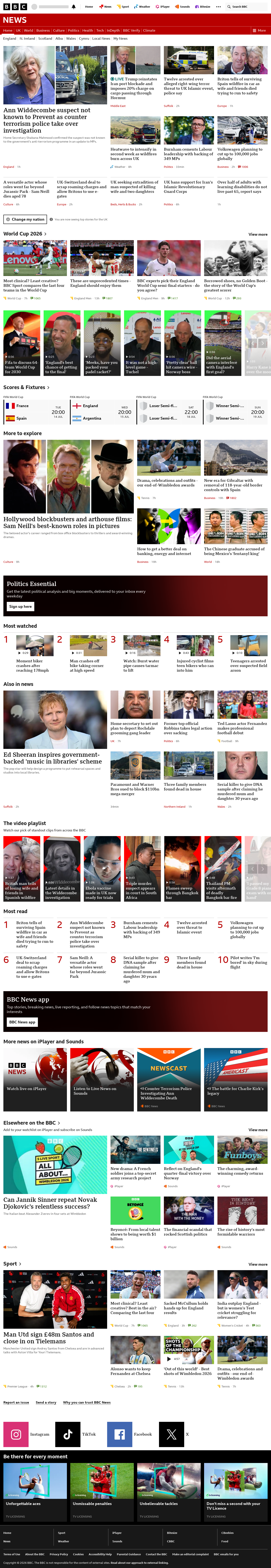 BBC News snapshot from Monday, 13 July 2026 at 20:00