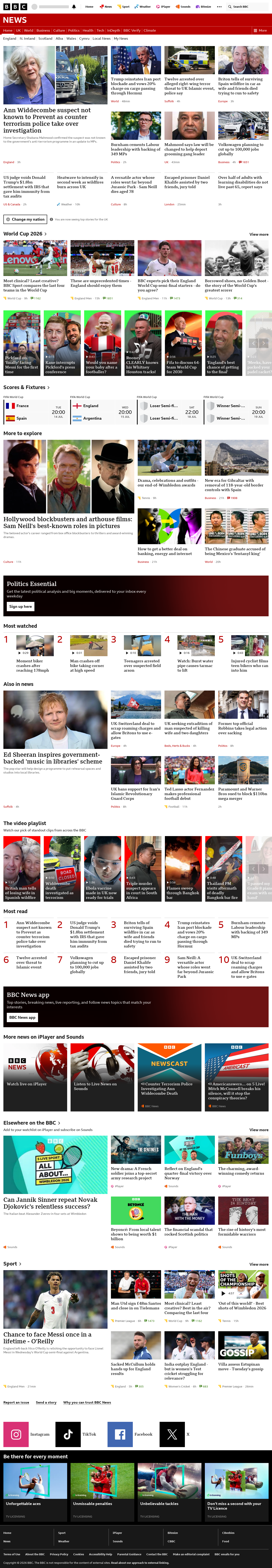 BBC News snapshot from Monday, 13 July 2026 at 22:00
