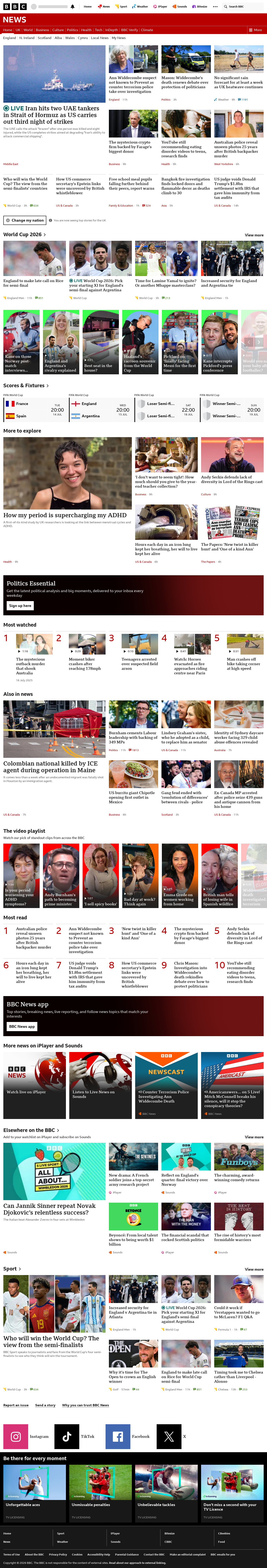 BBC News snapshot from Tuesday, 14 July 2026 at 10:00