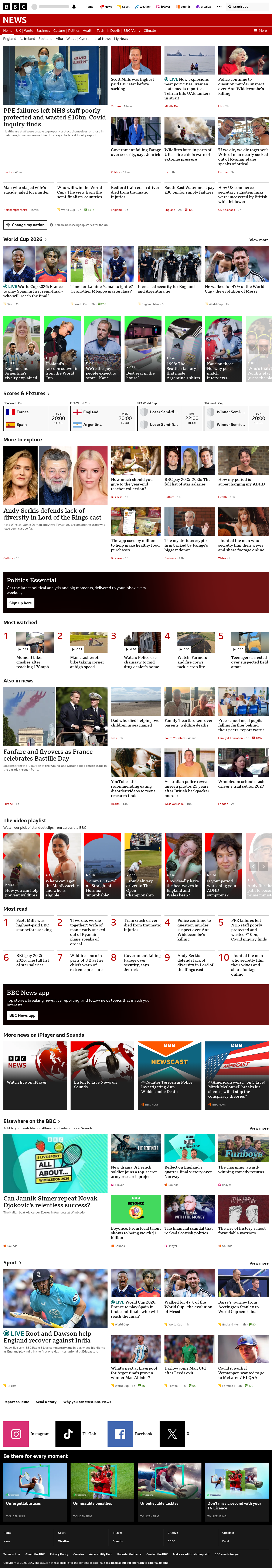 BBC News snapshot from Tuesday, 14 July 2026 at 14:00