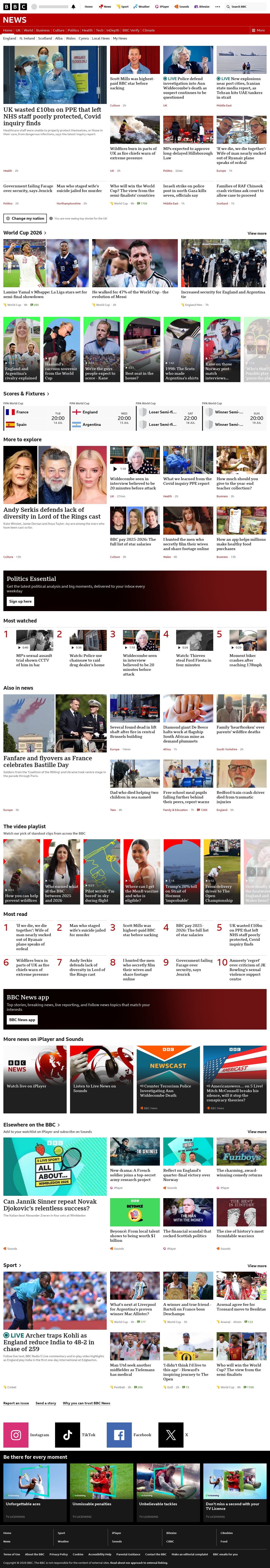 BBC News snapshot from Tuesday, 14 July 2026 at 16:00