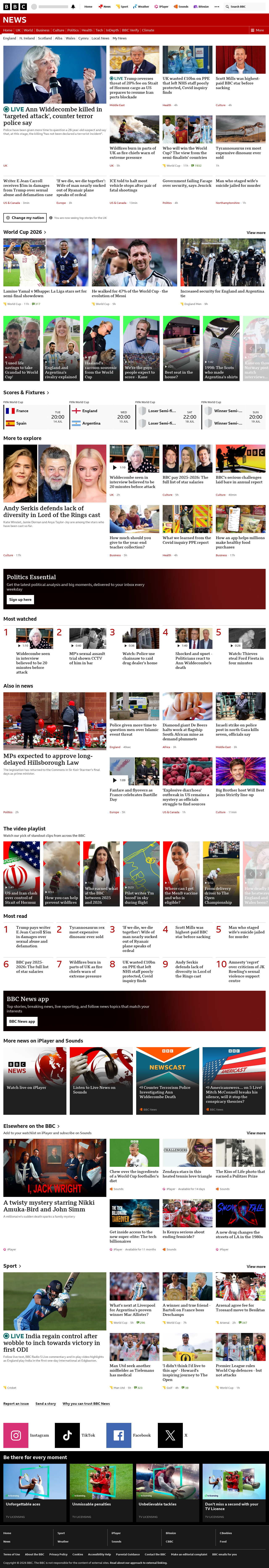 BBC News snapshot from Tuesday, 14 July 2026 at 18:00