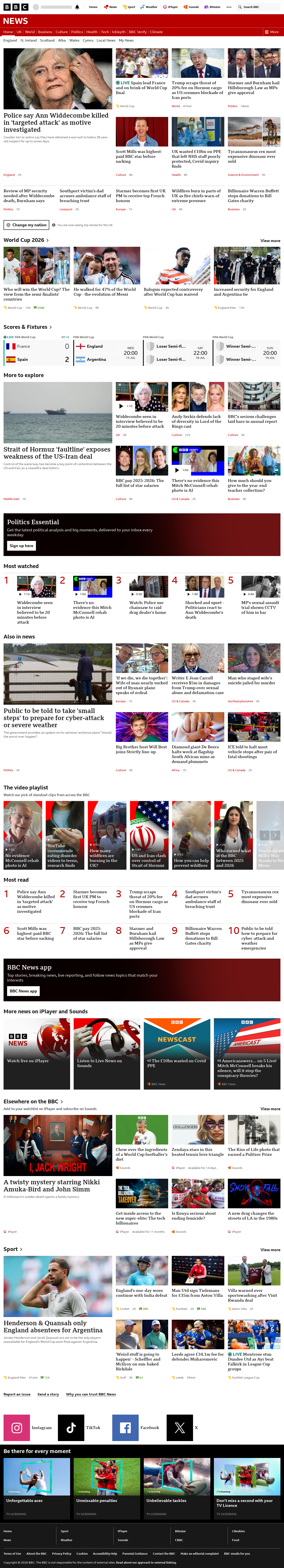 BBC News snapshot from Tuesday, 14 July 2026 at 22:00