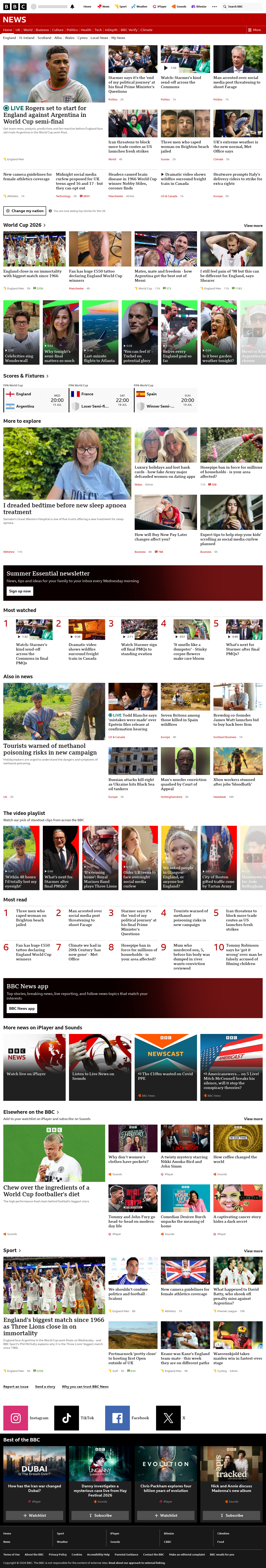BBC News snapshot from Wednesday, 15 July 2026 at 18:00