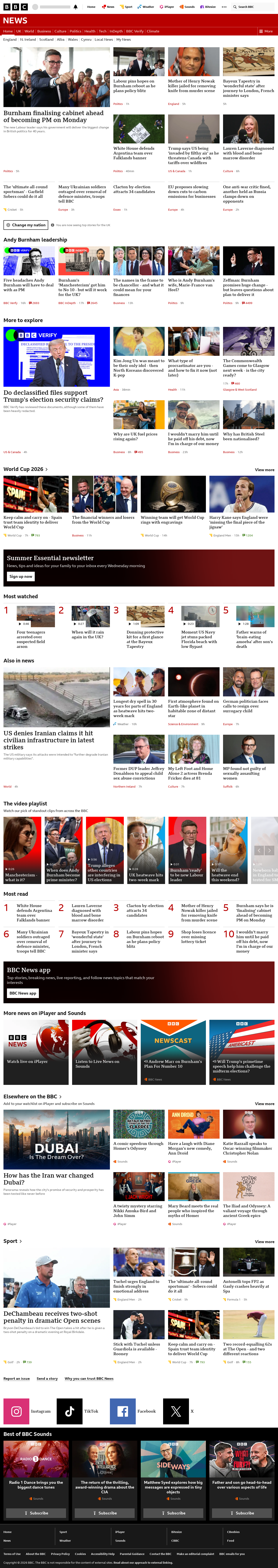 BBC News snapshot from Saturday, 18 July 2026 at 00:00