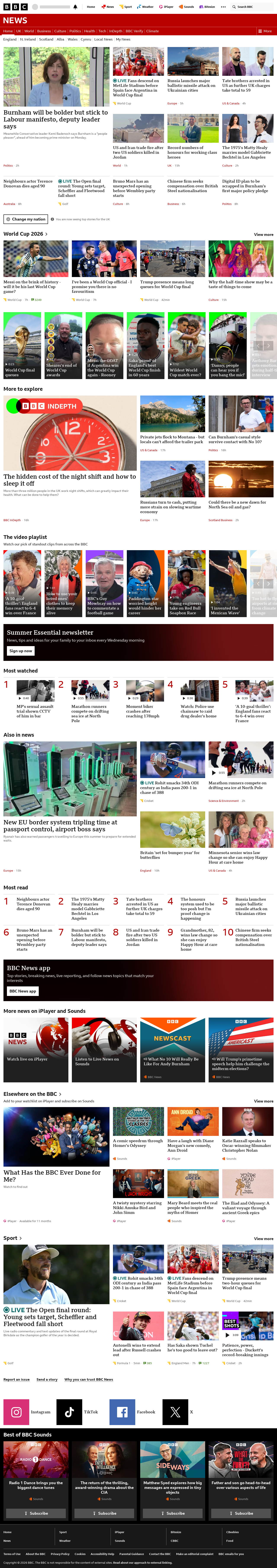 BBC News snapshot from Sunday, 19 July 2026 at 18:00