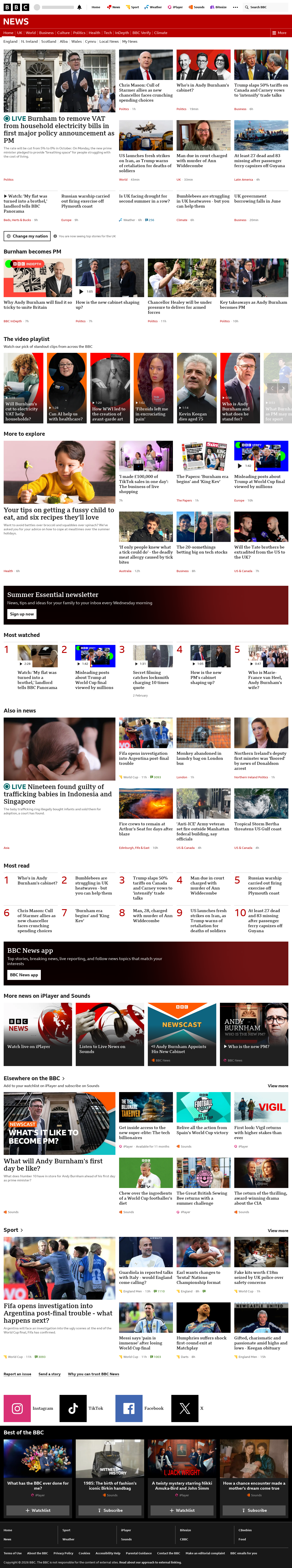 BBC News snapshot from Tuesday, 21 July 2026 at 08:00
