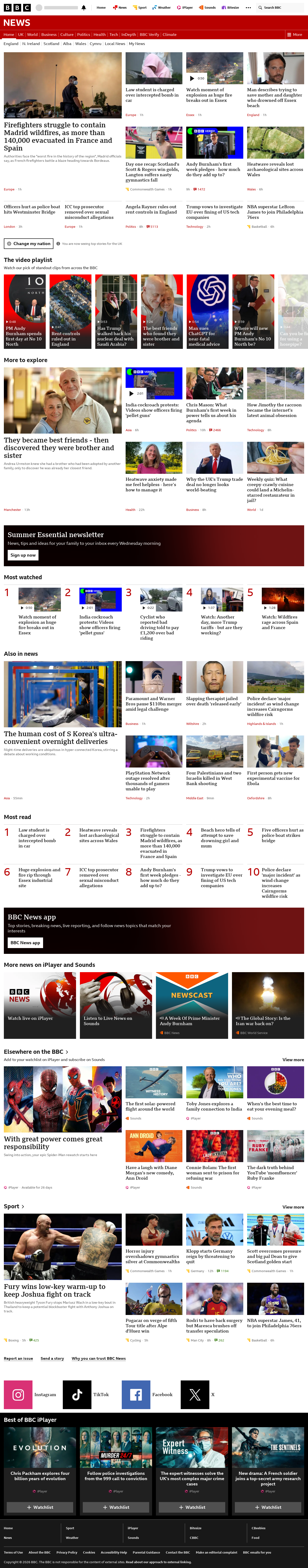 BBC News snapshot from Saturday, 25 July 2026 at 00:00