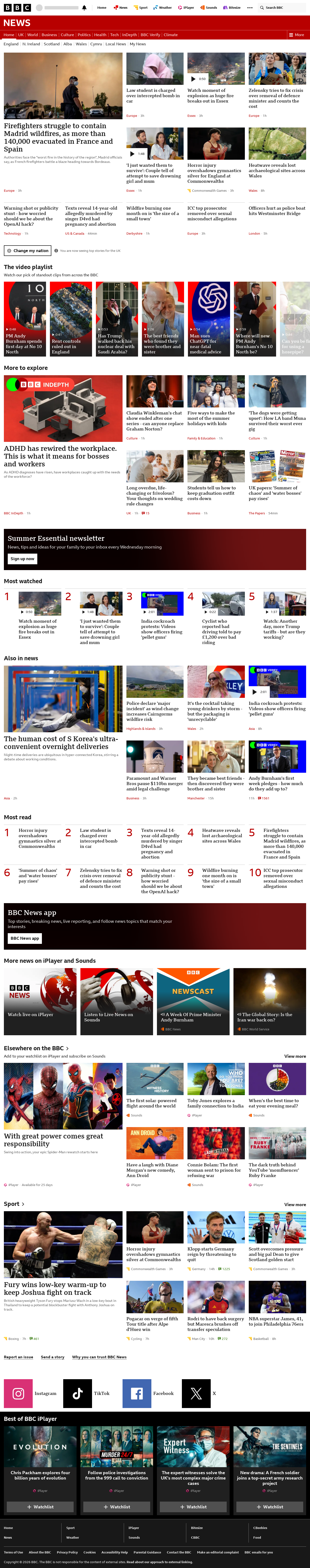 BBC News snapshot from Saturday, 25 July 2026 at 02:00
