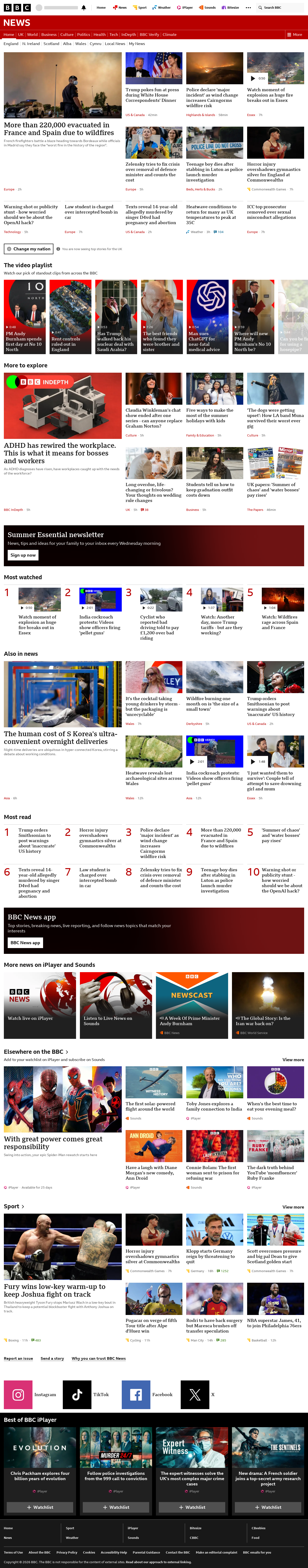 BBC News snapshot from Saturday, 25 July 2026 at 06:00