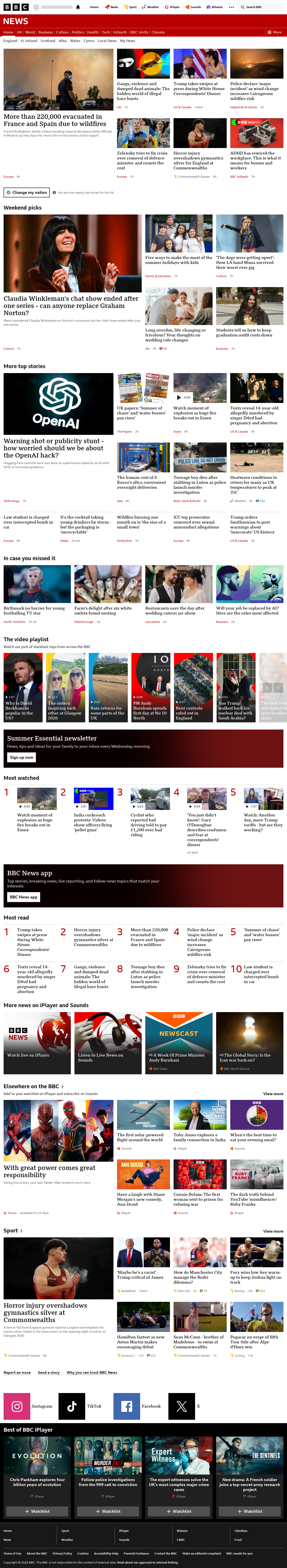 BBC News snapshot from Saturday, 25 July 2026 at 08:00