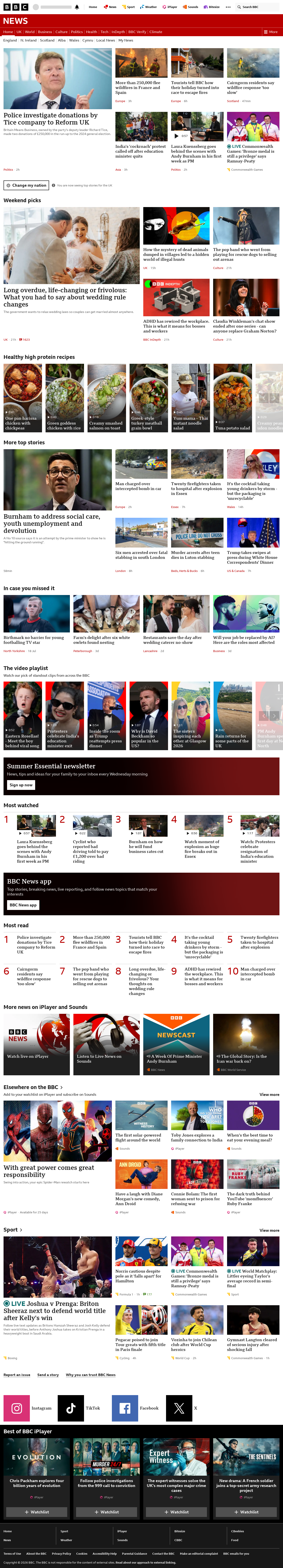 BBC News snapshot from Saturday, 25 July 2026 at 22:00