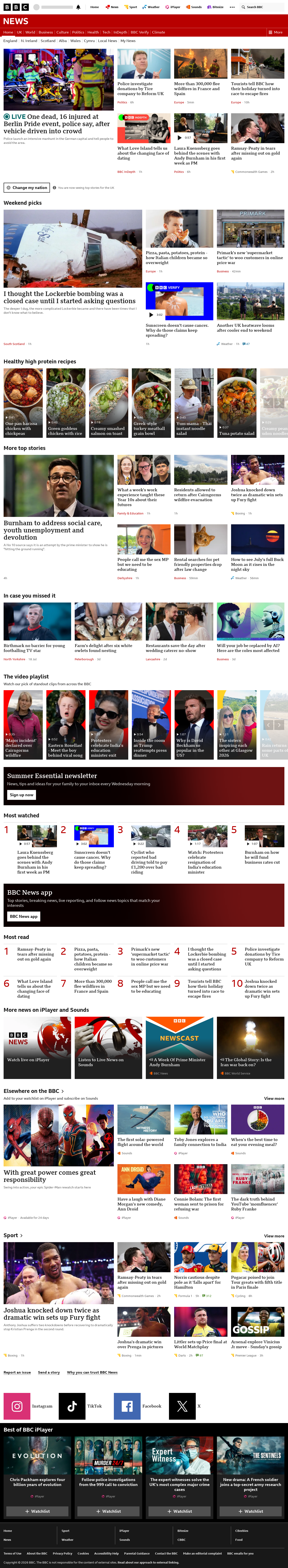 BBC News snapshot from Sunday, 26 July 2026 at 02:00