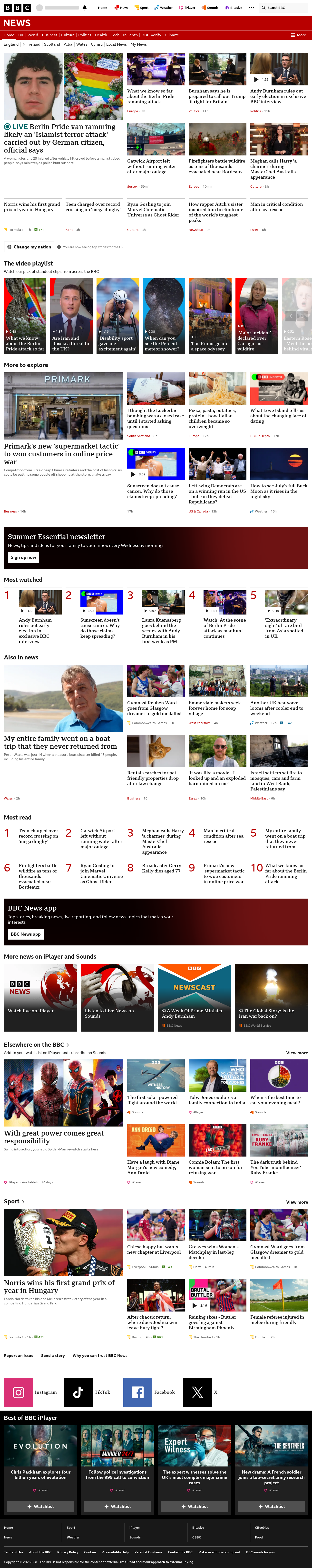 BBC News snapshot from Sunday, 26 July 2026 at 18:00