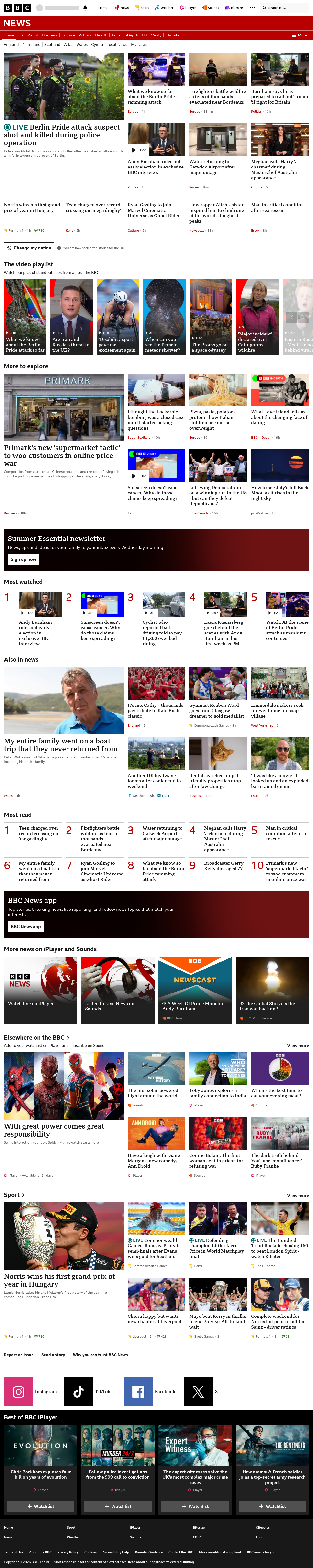 BBC News snapshot from Sunday, 26 July 2026 at 20:00